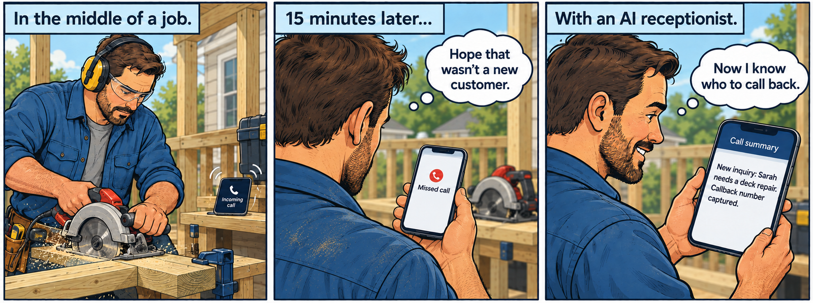 Three-panel comic: a contractor wearing hearing protection and safety glasses misses a call while sawing lumber. Fifteen minutes later, he checks the missed call. An alternative with an AI receptionist shows a text summary of Sarah’s deck repair inquiry, giving him the information he needs to call back.