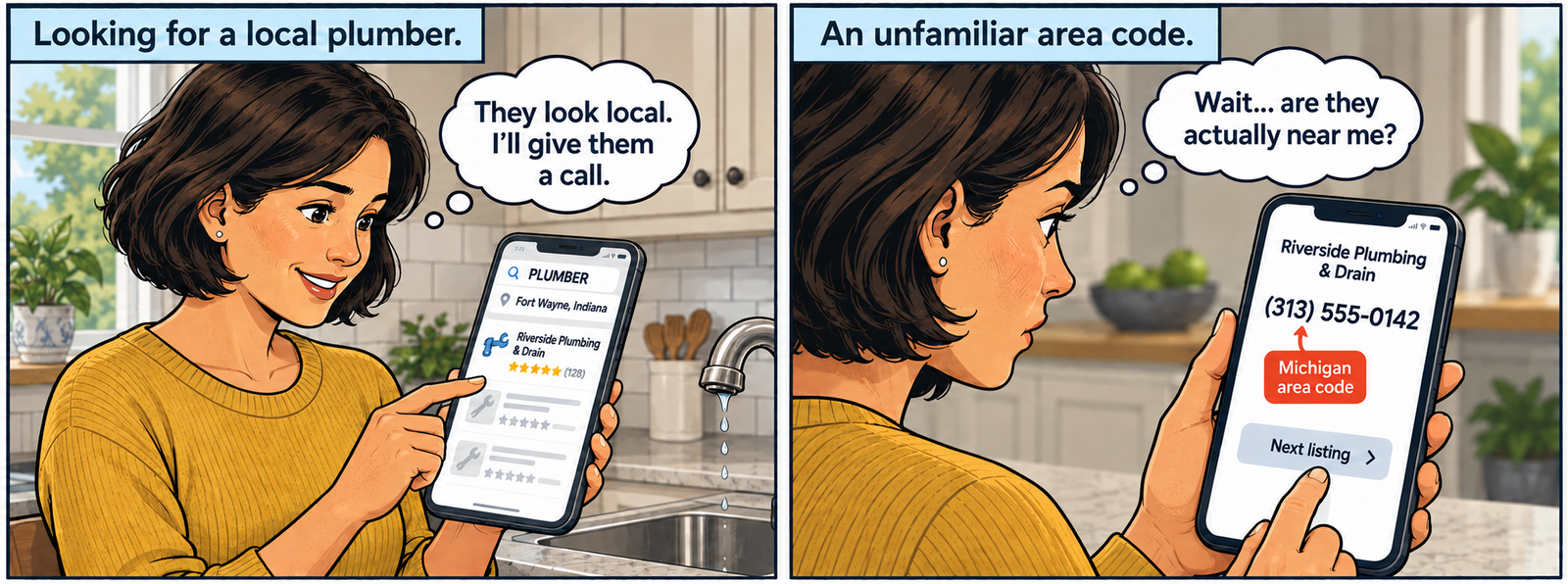 Two-panel comic: an Indiana homeowner finds a plumber and prepares to call. Seeing a Michigan area code, she wonders whether the business is nearby and considers the next listing.