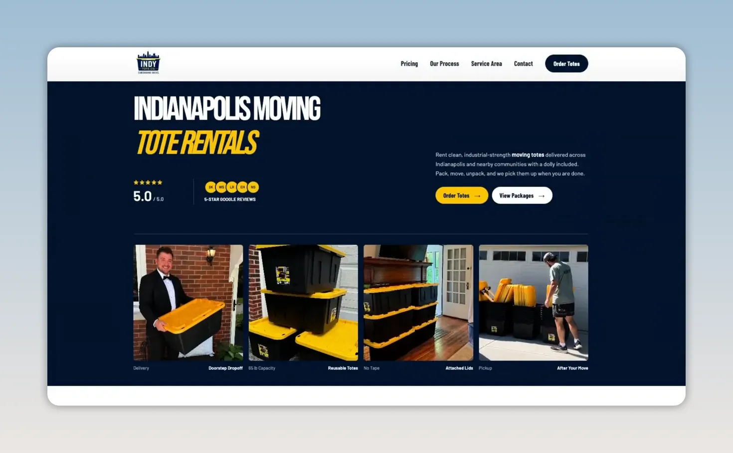 An Indianapolis moving-tote rental website with the service and city in its headline and a prominent Order Totes button.