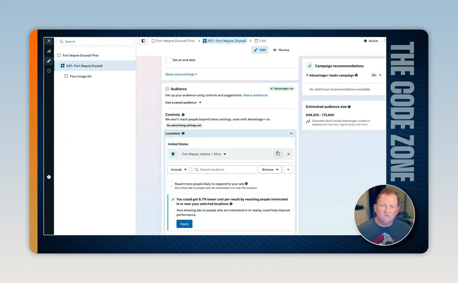 Rob’s Meta Ads Manager walkthrough showing Audience controls, Fort Wayne with a 30-mile radius, and an additional reach option.