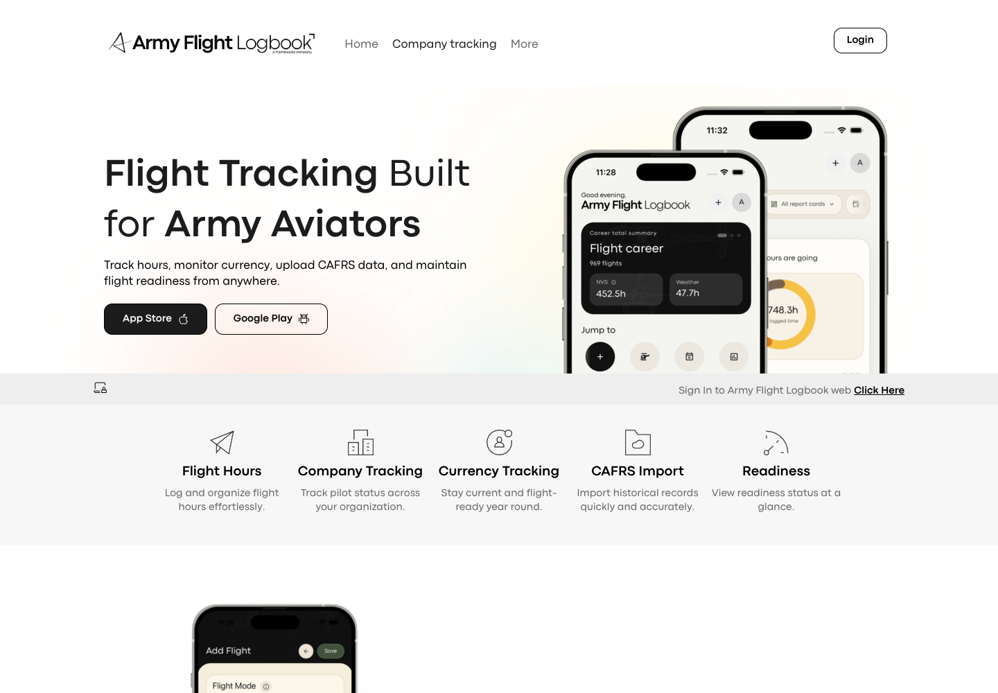 Army Flight Logbook homepage introducing flight tracking for Army aviators with app download and web sign-in links.