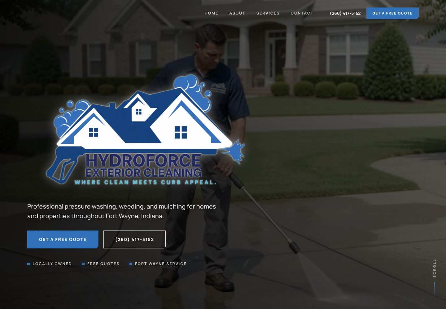 Hydroforce Exterior Cleaning demo homepage featuring exterior-care imagery, Fort Wayne service messaging, and free-quote links.