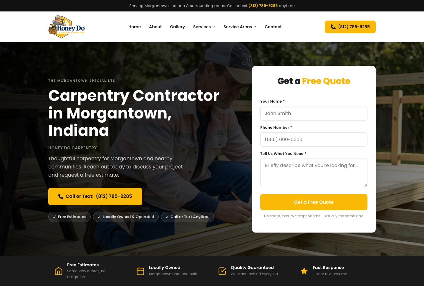 Honey Do Carpentry homepage introducing Morgantown carpentry services with prominent contact information and a free-quote form.