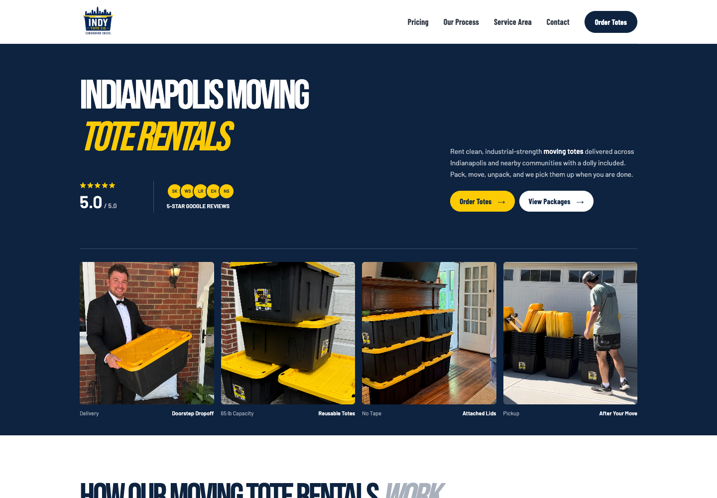 Indy Tote Co. homepage showcasing reusable moving totes, doorstep delivery, and prominent ordering links.