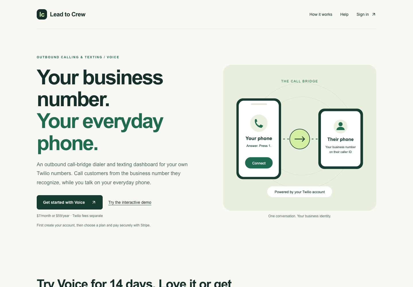 Lead to Crew Voice landing page introducing business-number calling and texting with signup and interactive demo links.