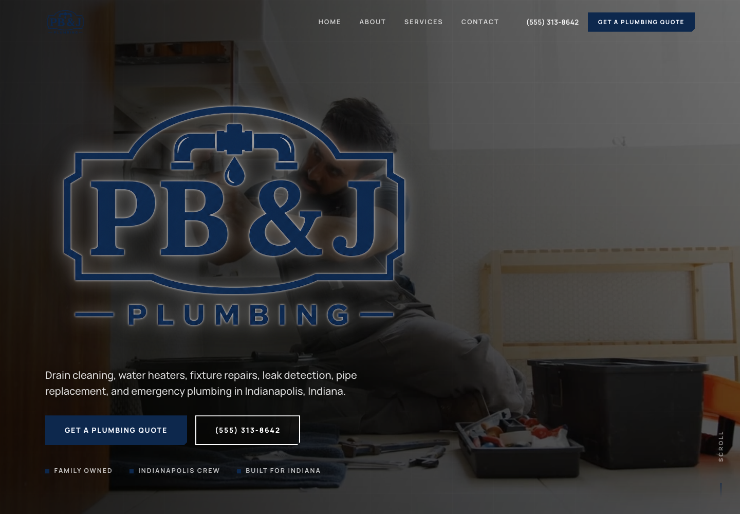 PB&J Plumbing demo homepage with bold typography, plumbing imagery, and a prominent quote button.