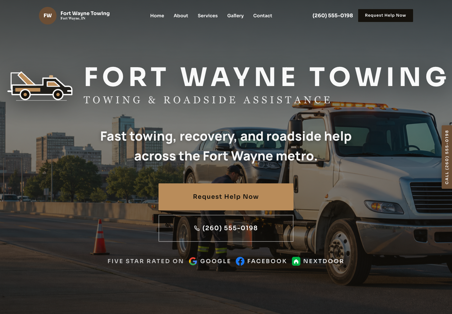 Fort Wayne Towing demo homepage featuring bold towing and roadside assistance messaging and prominent request-help links.