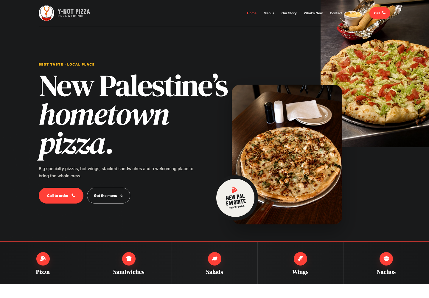 Y-Not Pizza and Lounge demo homepage featuring hometown pizza messaging, food photography, and call-to-order and menu links.